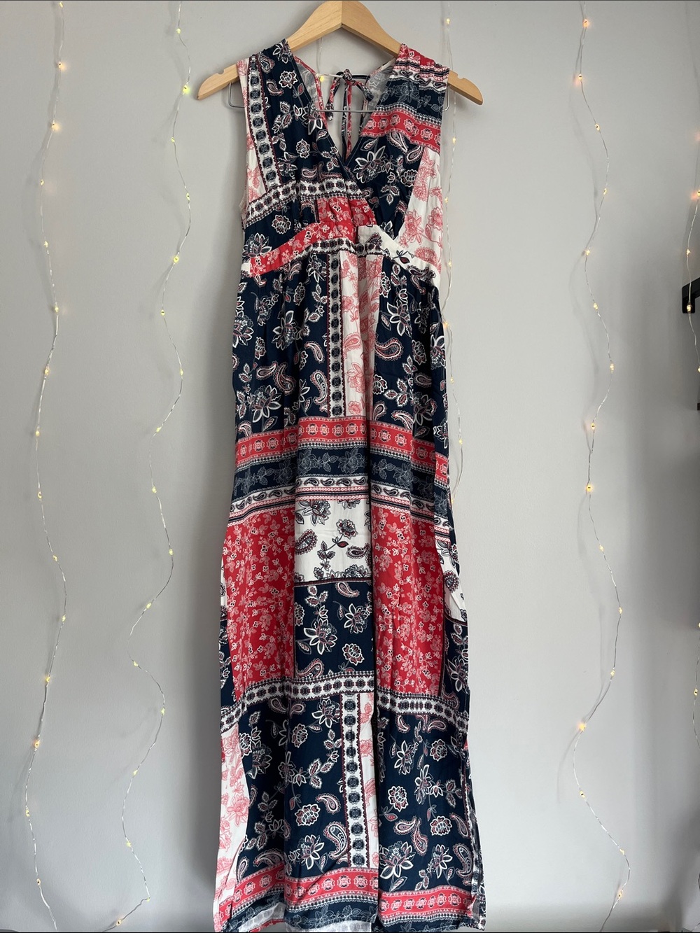 Patchwork Paisley Sleeveless Maxi Dress in Navy, Red & White